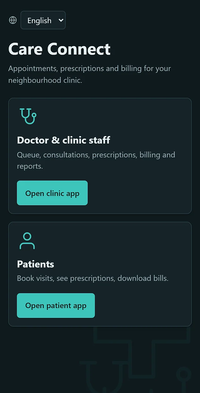Care Connect: phone screen, dark theme