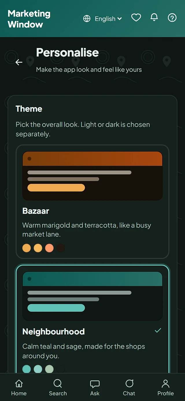 Marketing Window: phone screen, dark theme