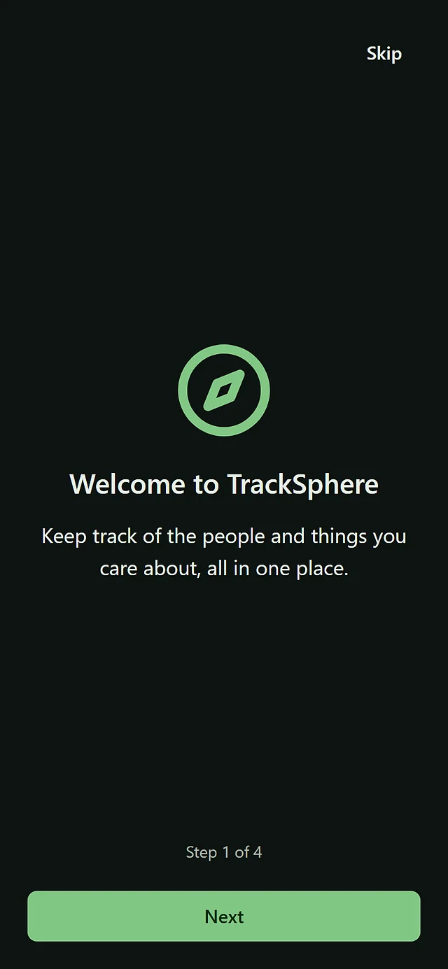 TrackSphere: फ़ोन स्क्रीन, डार्क थीम